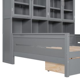 Full Size Wooden Daybed with Glass-Door Storage Cabinets, Built-in LED Lighting and Shelves