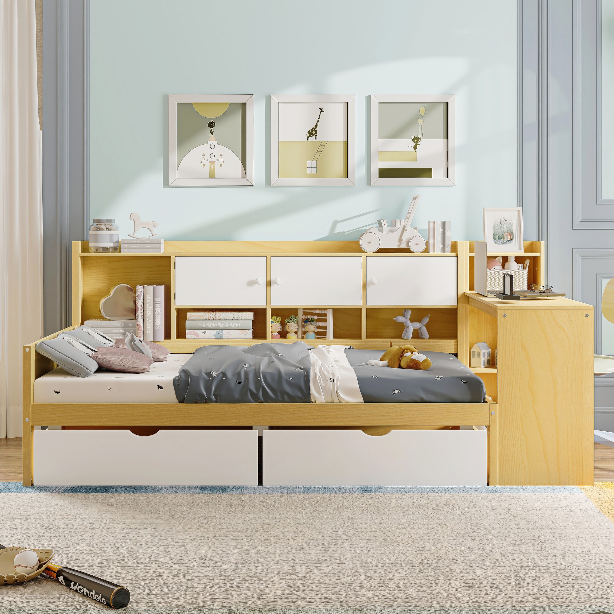 Wooden L-Shape Twin Daybed Frame with Study Desk and Built-in Bookshelf