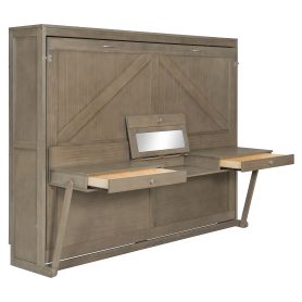 Queen Size Murphy Bed with Storage, Foldable Cabinet Bed with Vanity Desk, Center Mirror & 2 Side Drawers