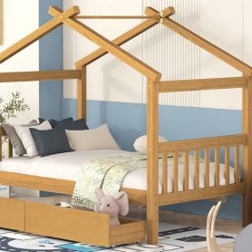 Twin Size Wooden House Bed with Drawers