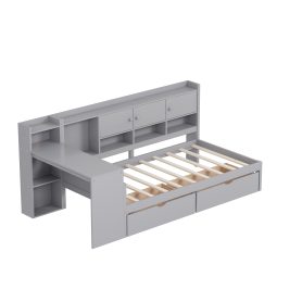 Wooden L-Shape Twin Daybed Frame with Study Desk and Built-in Bookshelf
