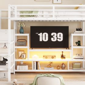 Full Size Metal Loft Bed With Tv Cabinet, Staircase And Wardrobe