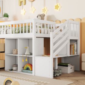 Wood Low Twin Size Loft Bed With LED, Bookshelf, Stairs, Storage Drawers And Shelves