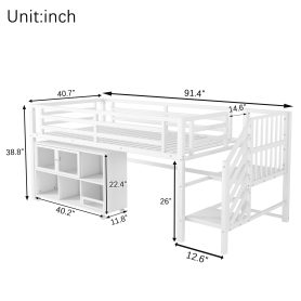 Twin Metal Low Loft Bed With Storage Cubby and Stairs