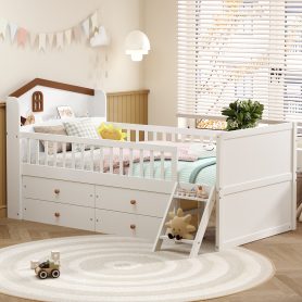 Twin Bed Frame With Storage 4 Drawers, Guardrail Headboard And Ladder