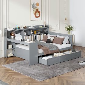 Full Size Wooden Daybed With 3 Drawers, USB Ports and Desk