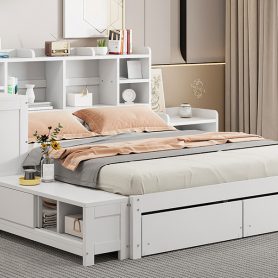 Full Size Wooden Platform Bed With Multi-functional Storage Space, Nightstand, 2 Drawers, Usb Ports And Desk