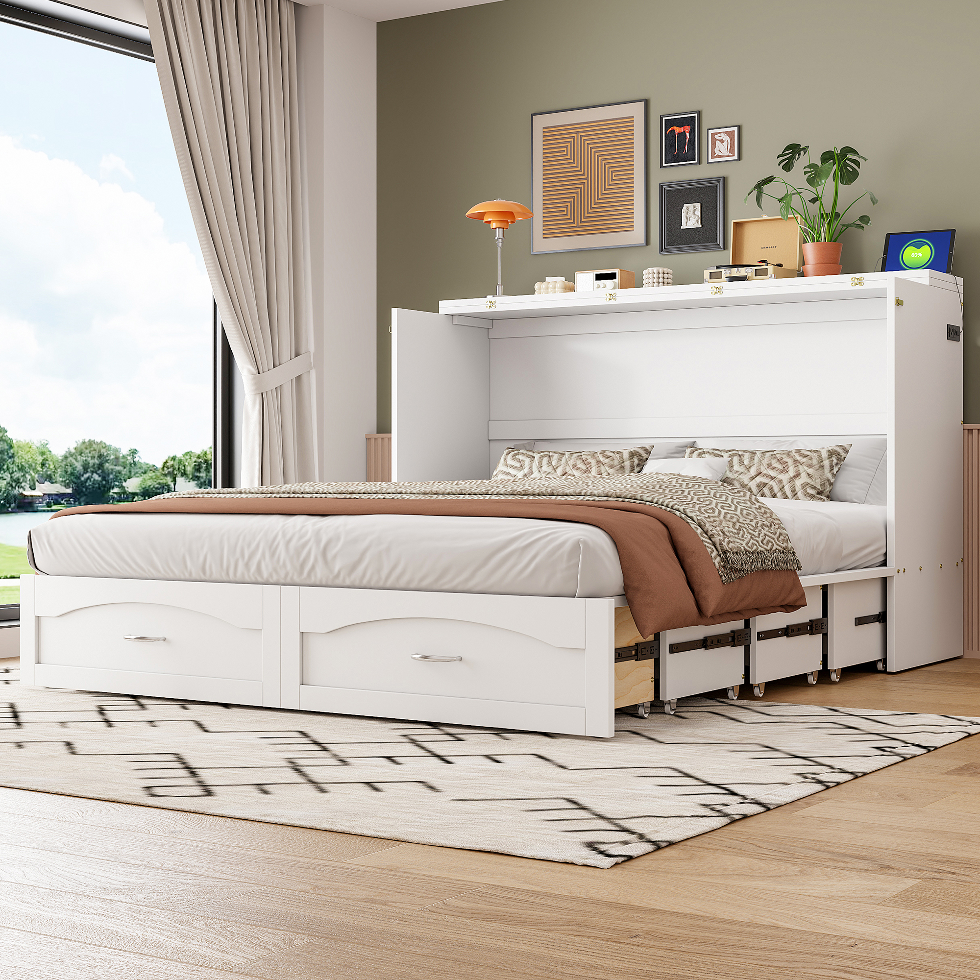 Queen Size Murphy Bed with Drawer and a set of Sockets & USB Ports, Pulley Structure Design