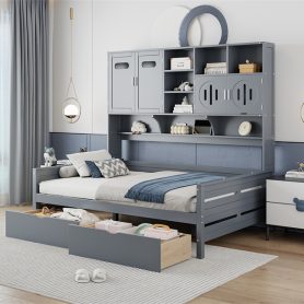 Full Size Wooden Daybed With 2 Drawers, and All-in-One Cabinet and Shelf