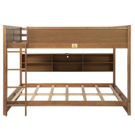 Queen Over Queen Bunk Bed with Built-in Storage Cabinets, Charging Station, Ladder, Safety Guardrails