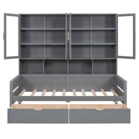 Twin Size Wooden Daybed With Glass-door Storage Cabinets, Built-in LED Lighting And Shelves