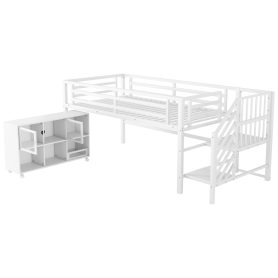 Twin Metal Low Loft Bed With Storage Cubby and Stairs