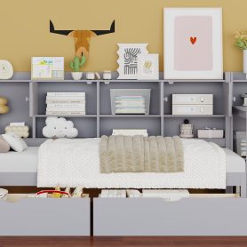 Wooden L-Shape Twin Daybed Frame with Study Desk and Built-in Bookshelf