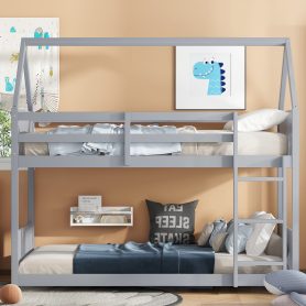 Rubber Wood Twin Over Twin House Floor Bunk Bed With Headboards, Footboards, Guardrails And Ladder