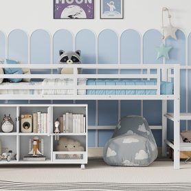 Twin Metal Low Loft Bed With Storage Cubby and Stairs