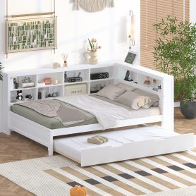 Full Size DayBed with Twin Size Trundle, Storage Shelf and USB Charging Ports