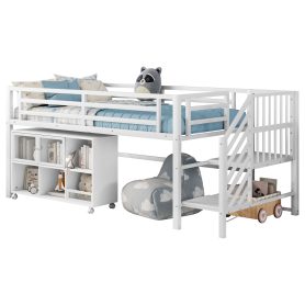 Twin Metal Low Loft Bed With Storage Cubby and Stairs