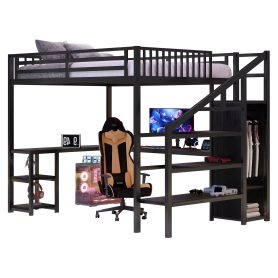 Metal Queen Size Loft Bed With L-Shaped Desk, USB, Wardrobe And LED Light