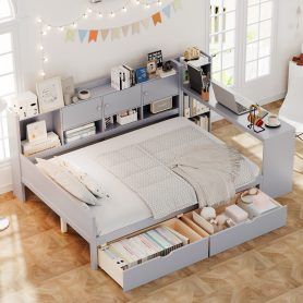 Wooden L-Shape Full Daybed Frame with Study Desk and Built-in Bookshelf