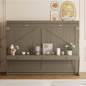 Queen Size Murphy Bed with Storage, Foldable Cabinet Bed with Vanity Desk, Center Mirror & 2 Side Drawers