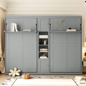 Dual Twin Size Wall Murphy Beds With Cabinets And Shelves