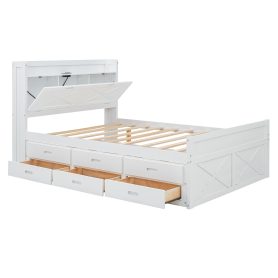Full Size Wooden Bed With Storage Headboard With Outlets,  Twin Size Trundle With Three Storage Drawers