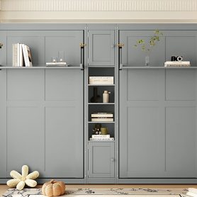 Dual Twin Size Wall Murphy Beds With Cabinets And Shelves