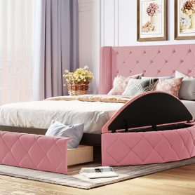 Upholstered Platform Bed Queen Size Storage Velvet Bed with Wingback Headboard and 1 Big Drawer,2 Side Storage Stool