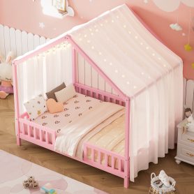 Full Size Montessori Floor Bed With Canopy and High Railings