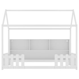 Wood Twin Size House Bed With LED Light, Storage Bookshelf, and Guardrails