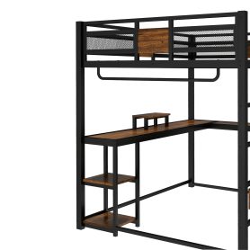 Metal Queen Loft Bed With Desk, Storage Non-woven Fabric Drawers, Ladders