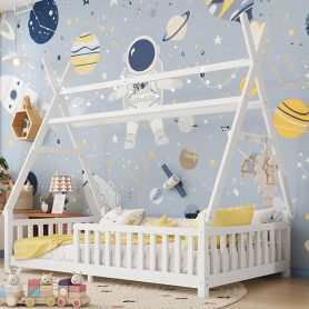 Low Floor Twin House Bed With Light, Fence And Roof 30 Low Floor Twin House Bed With Light, Fence And Roof