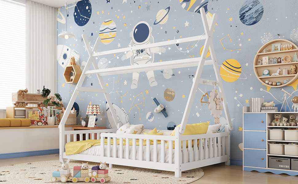 Low Floor Twin House Bed With Light, Fence And Roof 10 Low Floor Twin House Bed With Light, Fence And Roof