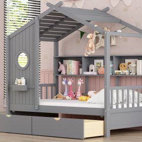 Wooden Twin Size House Bed With 2 Drawers and Storage Shelf