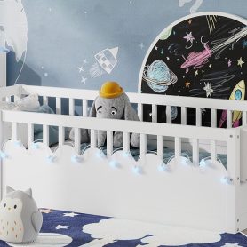 Twin Montessori Floor Bed Frame With High Rails, Light And Storage Shelf