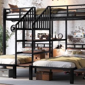 Triple Metal Twin Over Twin Over Twin Bunk Bed With Storage Shelves And Storage Stairs