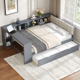 Wood Full Size Platform Bed with Storage Shelves, Trundle, Charging Station and Upholstered Headboard