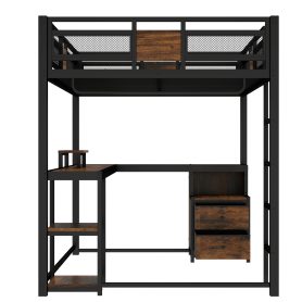Metal Queen Loft Bed With Desk, Storage Non-woven Fabric Drawers, Ladders