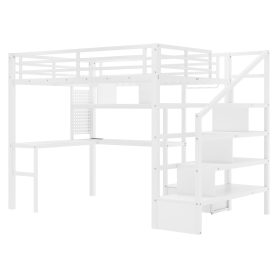 Metal Full Size Loft Bed With LED Light, Charge Station, Desk And Staircase