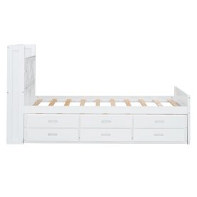 Twin Size Wooden Bed With Storage Headboard With Outlets, Twin Size Trundle With Three Storage Drawers