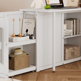 Twin Size Multifunctional Wood Platform Bed With Desk and Storage Shelf At The End Of The Bed, Built-in Trundle and 3 Drawers