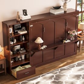 Queen Size Murphy Bed with Height Adjustable Storage Compartments and Shelf