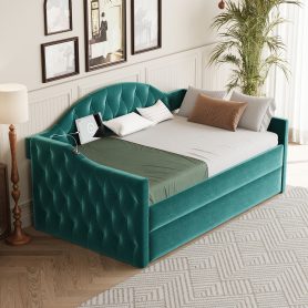 Twin Size Tufted Upholstered Daybed With Trundle, USB & Type-c Charging Ports