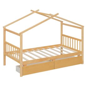 Twin Size Wooden House Bed with Drawers