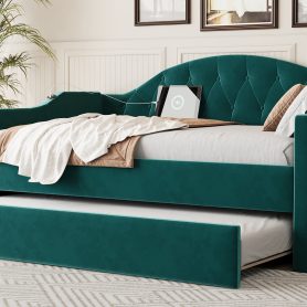 Twin Size Tufted Upholstered Daybed With Trundle, USB & Type-c Charging Ports
