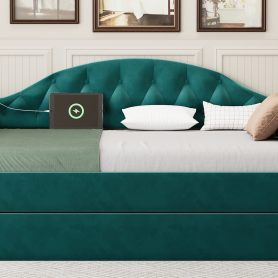 Twin Size Tufted Upholstered Daybed With Trundle, USB & Type-c Charging Ports