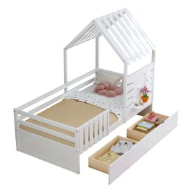 Twin Size House Bed With 2 Storage Drawers and Guardrails