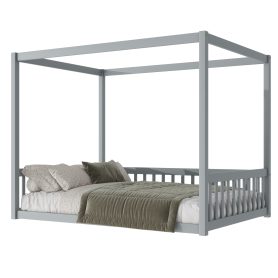 Full Size Canopy Frame Rubber Wood Floor Bed with Fence and Guardrails