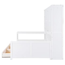 Full Size Wooden Daybed With Three Drawers, and All-in-One Cabinet, Desk and Shelves