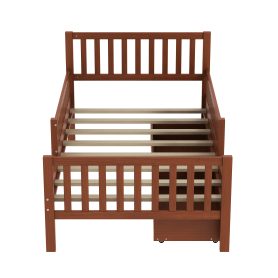 Twin Size Wood Platform Bed With Guardrails On Both Sides and Two Storage Drawers